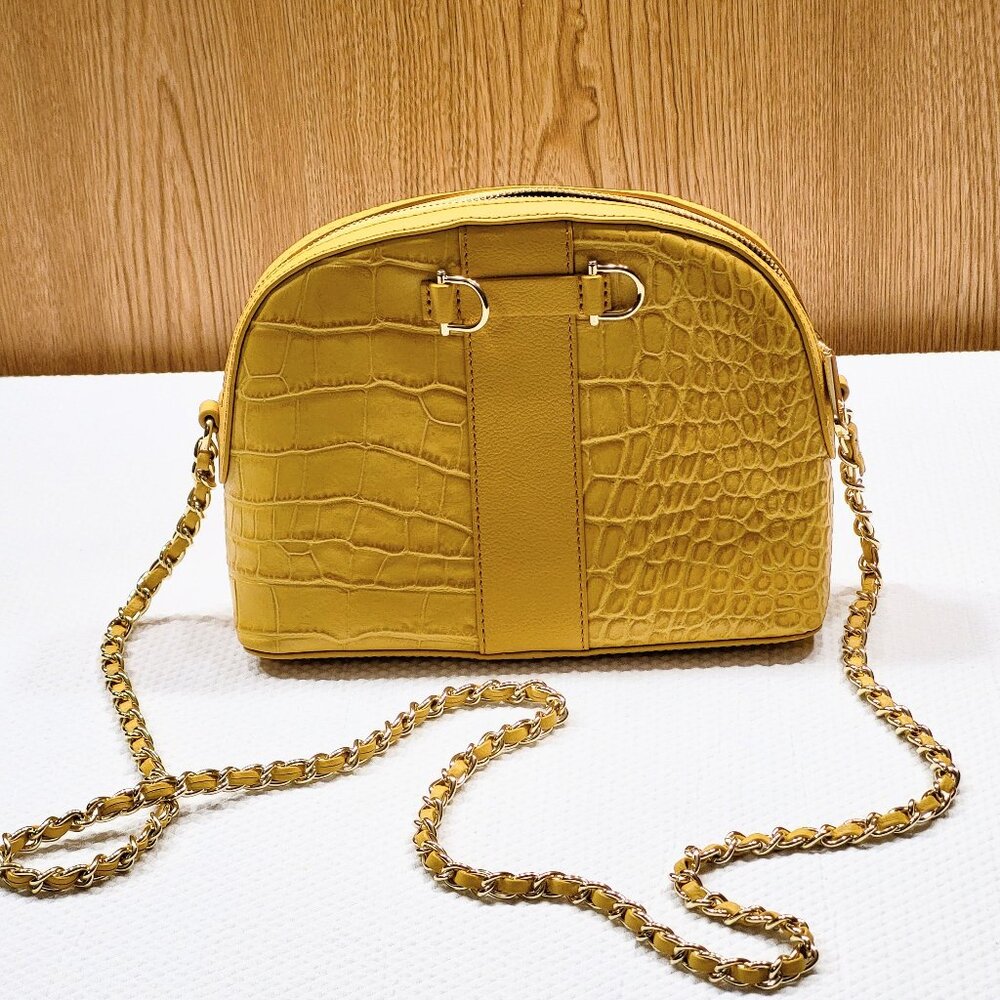 Talbots Crocodile Embossed Leather Crossbody Bag Mustard Yellow Chain Strap